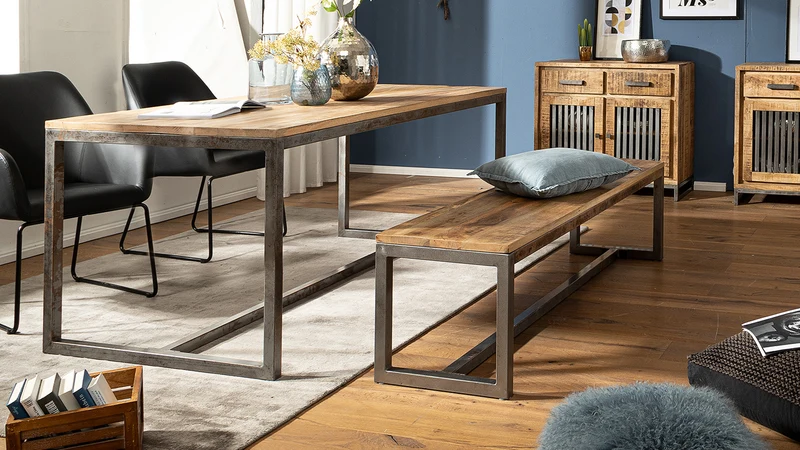 Esszimmerbank 120cm Mango Massivholz Metall Vintage ohne Rückenlehne