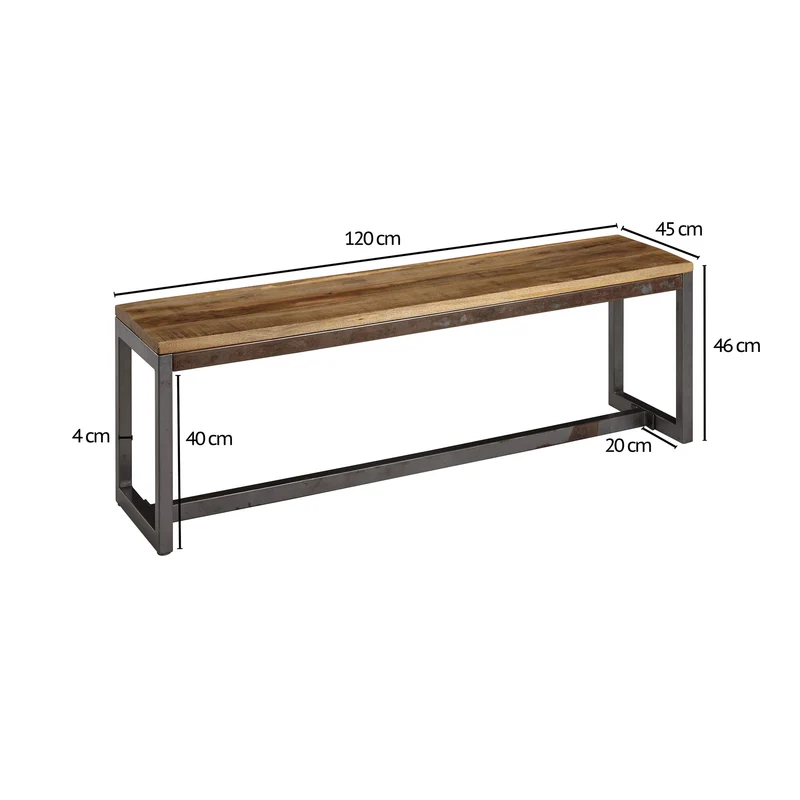 Esszimmerbank 120cm Mango Massivholz Metall Vintage ohne Rückenlehne
