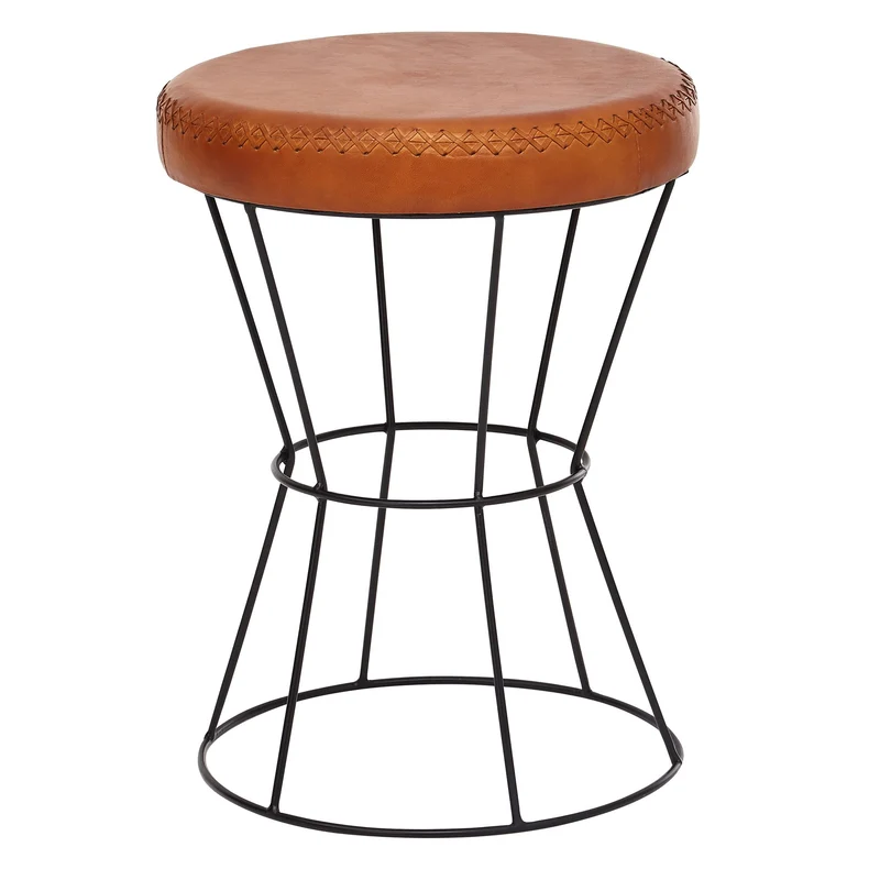 Sitzhocker Echtleder Metall Rund Braun 35x48x35cm Modern Gepolstert