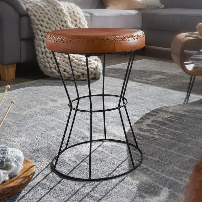 Sitzhocker Echtleder Metall Rund Braun 35x48x35cm Modern Gepolstert