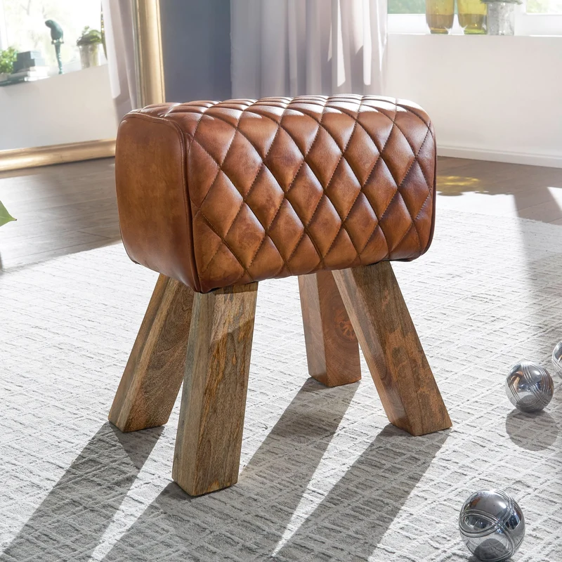 Sitzhocker Echtleder Massivholz 40x48x27cm Modern Braun Gepolstert