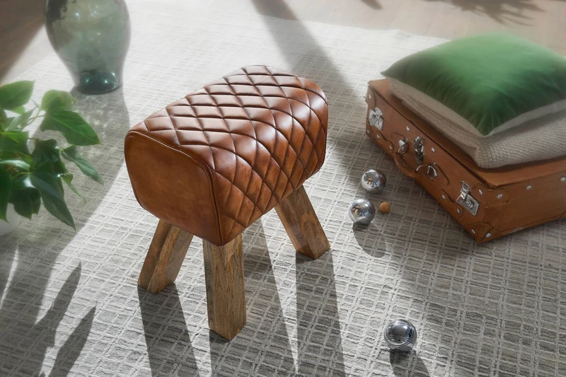 Sitzhocker Echtleder Massivholz 40x48x27cm Modern Braun Gepolstert