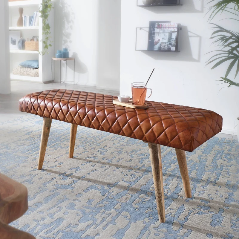 Sitzbank Echtleder Massivholz 115x53x38cm Polsterbank Braun Flur Esszimmer