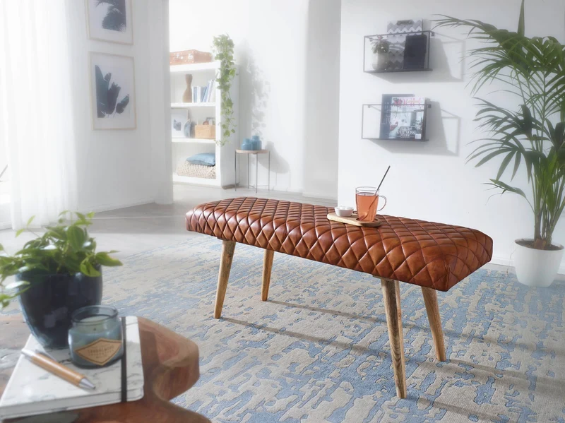 Sitzbank Echtleder Massivholz 115x53x38cm Polsterbank Braun Flur Esszimmer