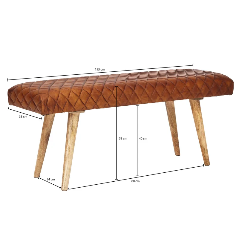 Sitzbank Echtleder Massivholz 115x53x38cm Polsterbank Braun Flur Esszimmer