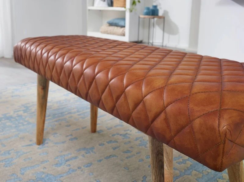 Sitzbank Echtleder Massivholz 115x53x38cm Polsterbank Braun Flur Esszimmer