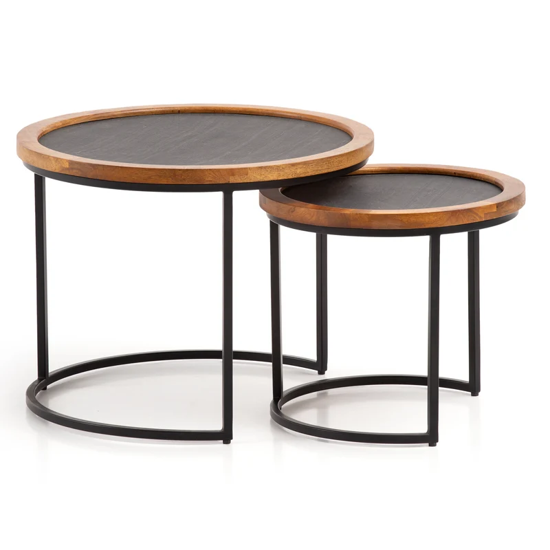 Couchtisch 2er Set Mango Massivholz Rund Metallgestell Braun Anthrazit