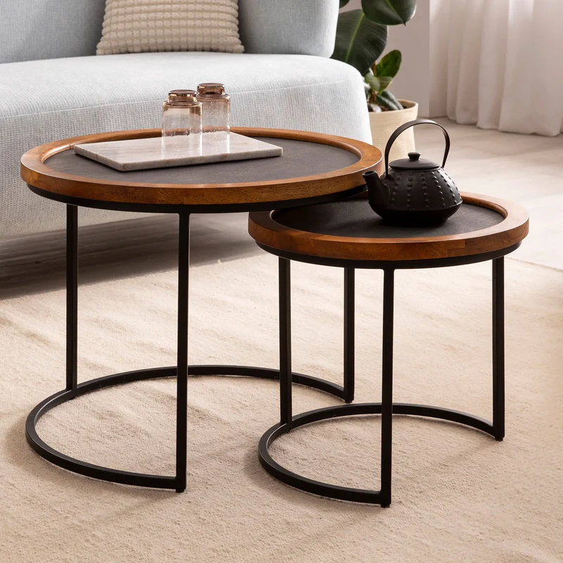 Couchtisch 2er Set Mango Massivholz Rund Metallgestell Braun Anthrazit
