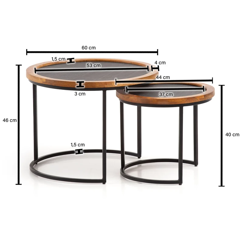 Couchtisch 2er Set Mango Massivholz Rund Metallgestell Braun Anthrazit