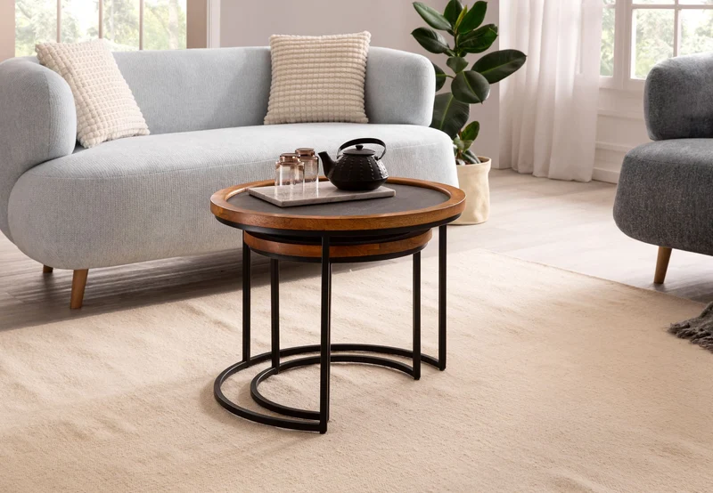 Couchtisch 2er Set Mango Massivholz Rund Metallgestell Braun Anthrazit