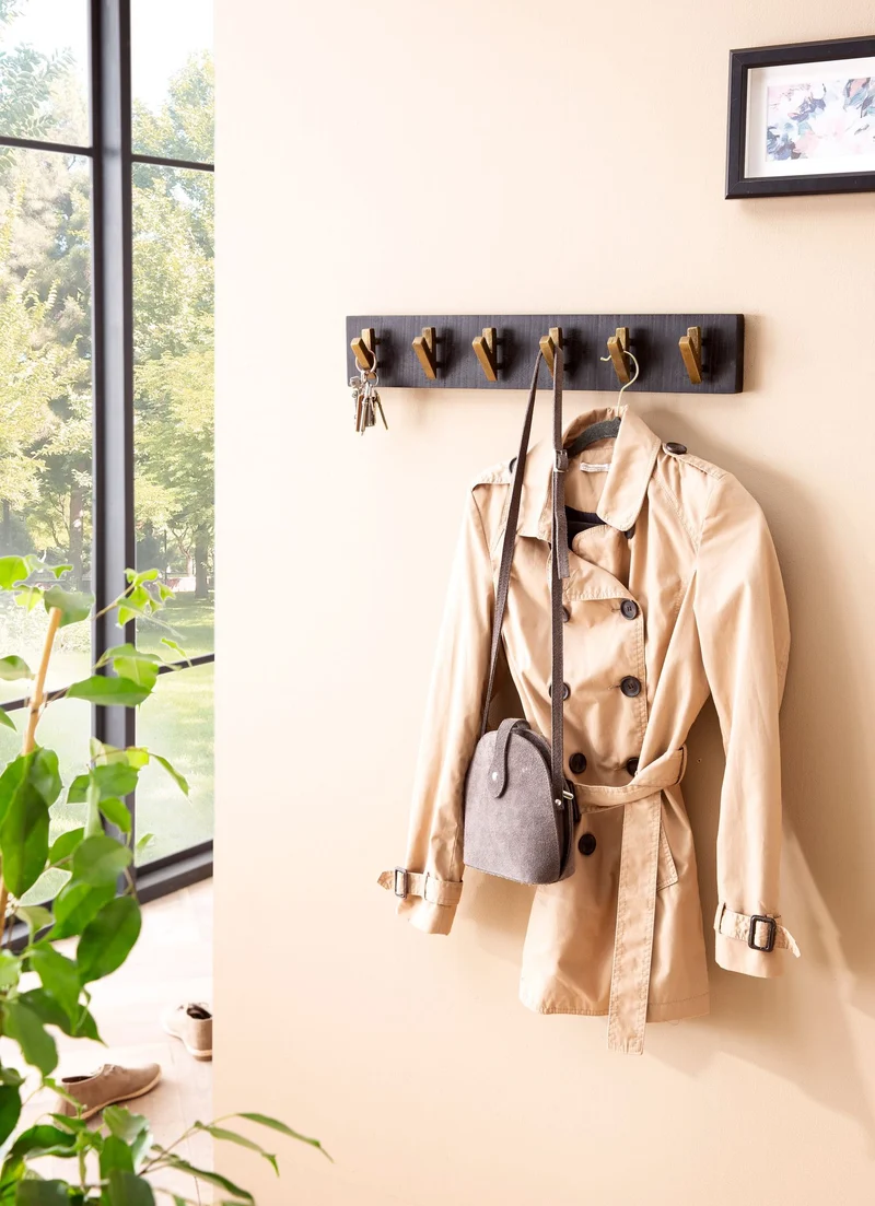 Wandgarderobe Mango Massivholz Metall 60x10x8cm Schwarz Gold Hakenleiste