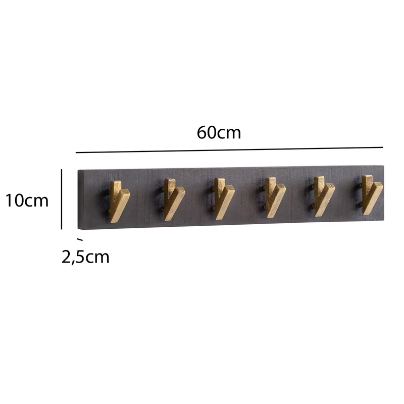Wandgarderobe Mango Massivholz Metall 60x10x8cm Schwarz Gold Hakenleiste