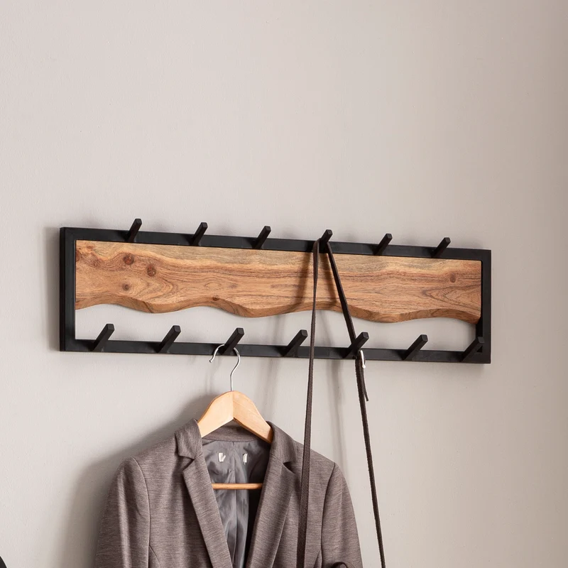 Wandgarderobe Akazie Massivholz Metall Hakenleiste 80x20x8cm Wellenmuster