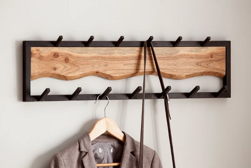 Wandgarderobe Akazie Massivholz Metall Hakenleiste 80x20x8cm Wellenmuster