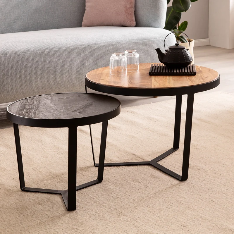 Couchtisch Set 2-teilig Akazie Massivholz Steinoptik Metallgestell Rund