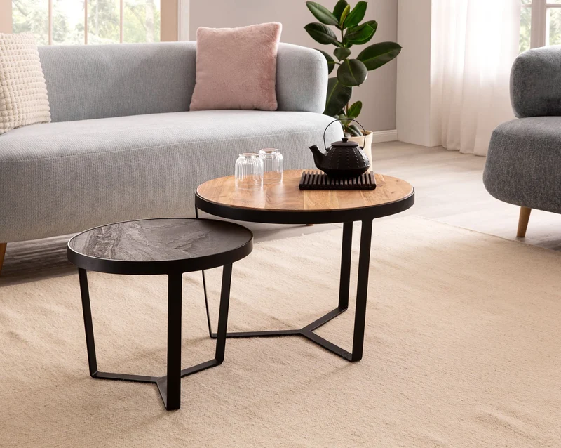 Couchtisch Set 2-teilig Akazie Massivholz Steinoptik Metallgestell Rund