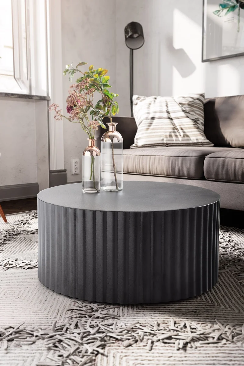 Couchtisch Metall Schwarz Rund Wellenmuster Eisen Lamellenoptik 67x67x31cm