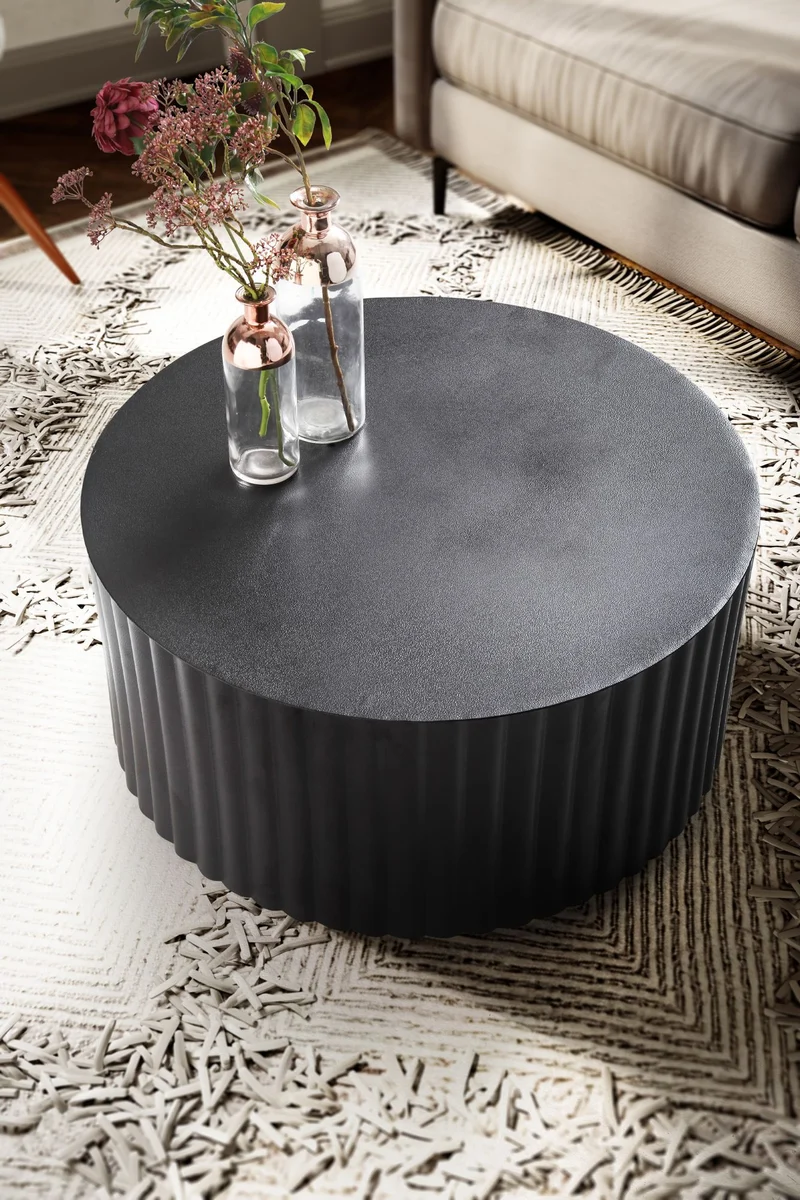 Couchtisch Metall Schwarz Rund Wellenmuster Eisen Lamellenoptik 67x67x31cm