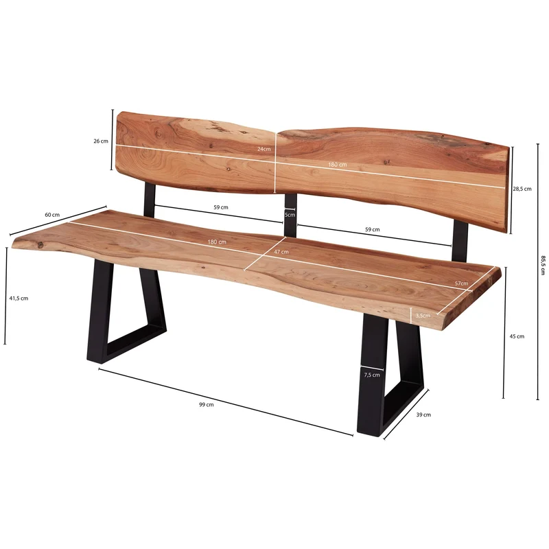 Esszimmerbank GAYA 180cm Akazie Massivholz Baumkante Landhausstil 4-Sitzer