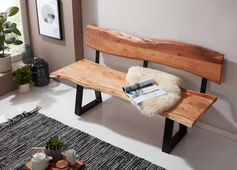 Esszimmerbank GAYA 180cm Akazie Massivholz Baumkante Landhausstil 4-Sitzer