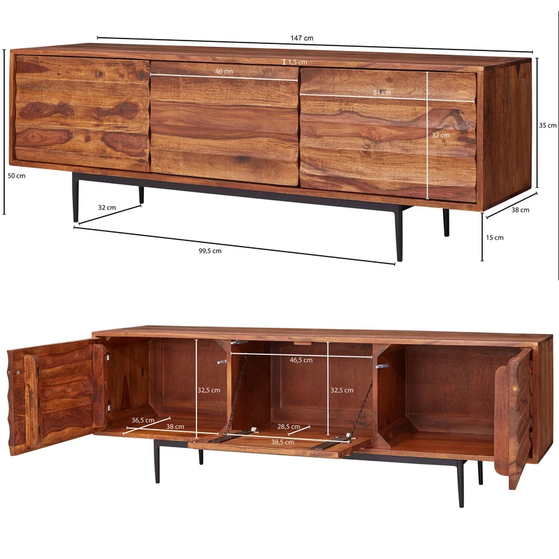 Lowboard WL5.636 Sheesham Massivholz Landhaus 147x50x38cm 3 Türen