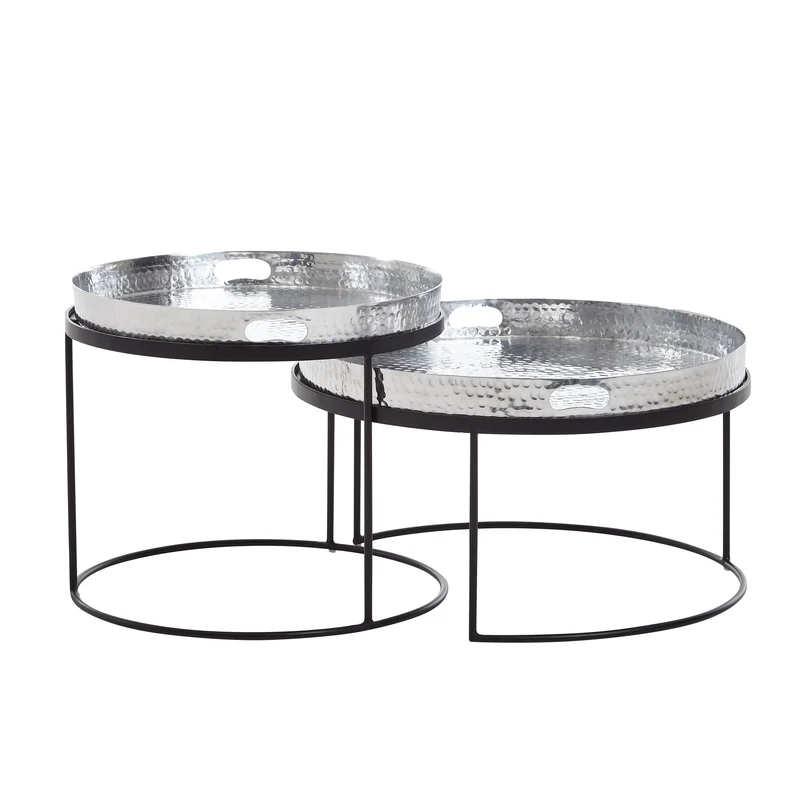 Couchtisch Set 2-teilig Rund Metall Silber Schwarz Hammerschlag