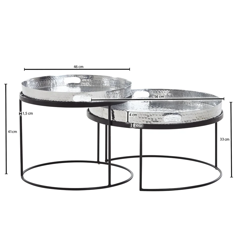 Couchtisch Set 2-teilig Rund Metall Silber Schwarz Hammerschlag