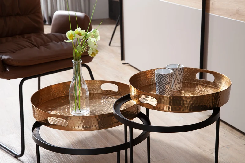 Couchtisch 2er Set Rund Metall Gold Schwarz Hammerschlag Tablett