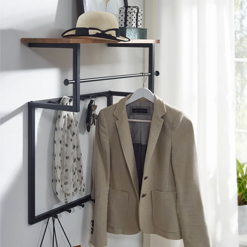 Wandgarderobe Mango Massivholz Metall Hakenleiste Ablage Kleiderstange