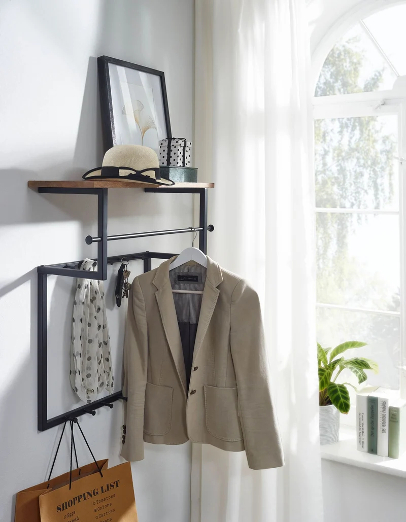 Wandgarderobe Mango Massivholz Metall Hakenleiste Ablage Kleiderstange