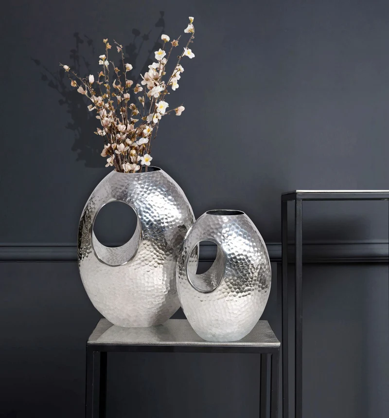 Vase 2er Set Aluminium Silber Hammerschlag Modern mit Tragegriff