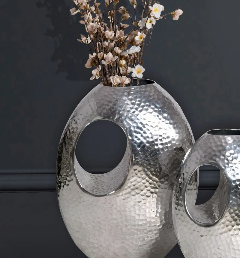 Vase 2er Set Aluminium Silber Hammerschlag Modern mit Tragegriff