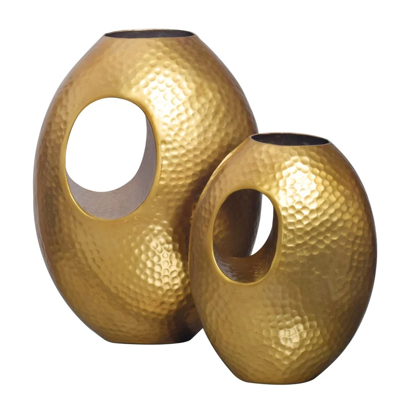Vase 2er Set Aluminium Gold Hammerschlag Modern Handgefertigt
