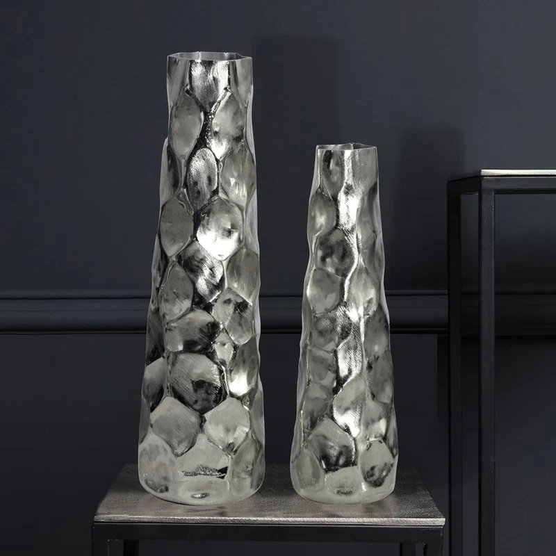 Vase 2er Set Aluminium Silber Hammerschlag Modern Tischdeko