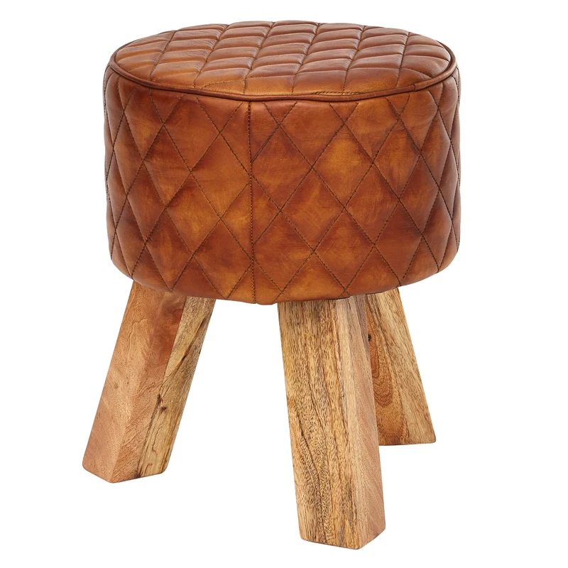 Sitzhocker Echtleder Massivholz 35x46x35cm Modern Braun Gepolstert
