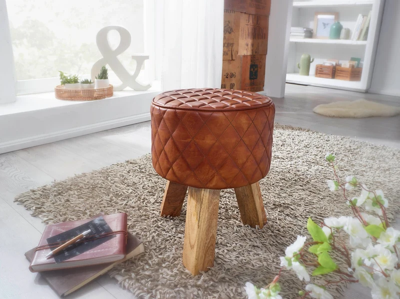 Sitzhocker Echtleder Massivholz 35x46x35cm Modern Braun Gepolstert