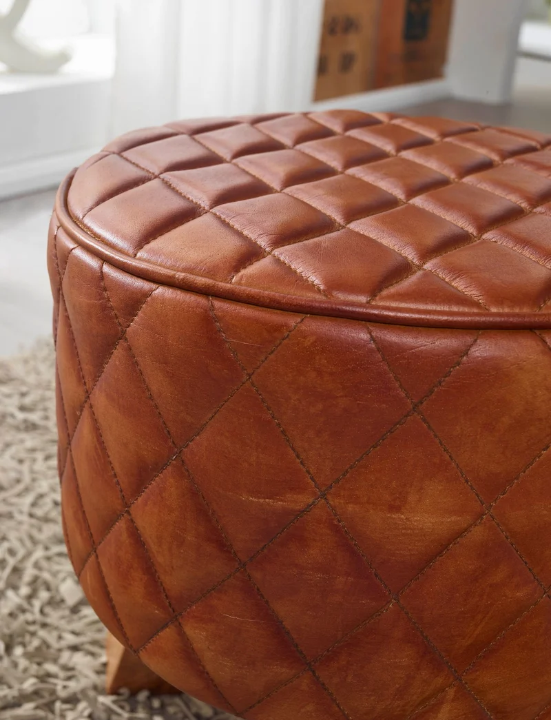 Sitzhocker Echtleder Massivholz 35x46x35cm Modern Braun Gepolstert