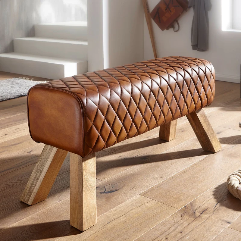Sitzbank Echtleder Massivholz 89x46x35cm Modern Turnbock Gepolstert