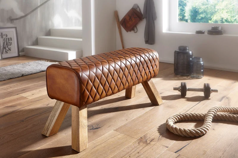 Sitzbank Echtleder Massivholz 89x46x35cm Modern Turnbock Gepolstert