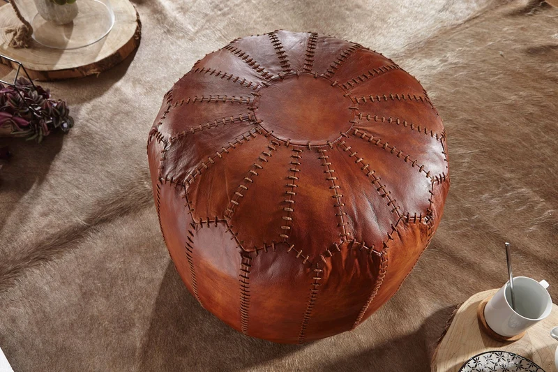 Sitzhocker Echtleder Braun 52x40x52cm Orientalisch Wohnzimmer Pouf