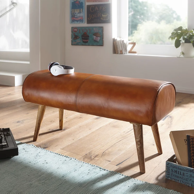 Sitzbank Echtleder Massivholz 100x53x40cm Polsterbank Braun Flur