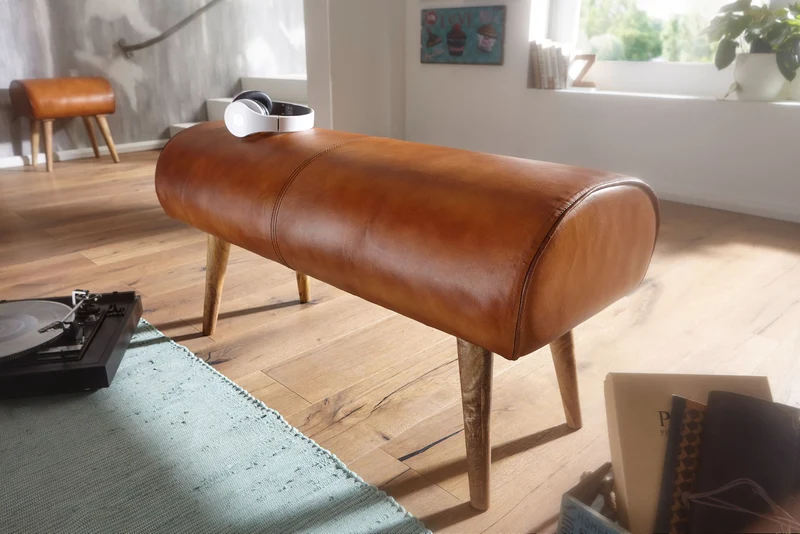 Sitzbank Echtleder Massivholz 100x53x40cm Polsterbank Braun Flur