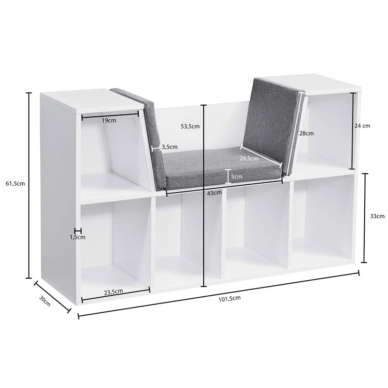 Regal mit Sitzfläche 101,5x61,5x30cm Weiß Matt Sitzbank 6 Fächer Grau