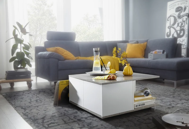 Couchtisch 70x70cm Zementgrau Weiß mit Schubladen Rollen Fächern