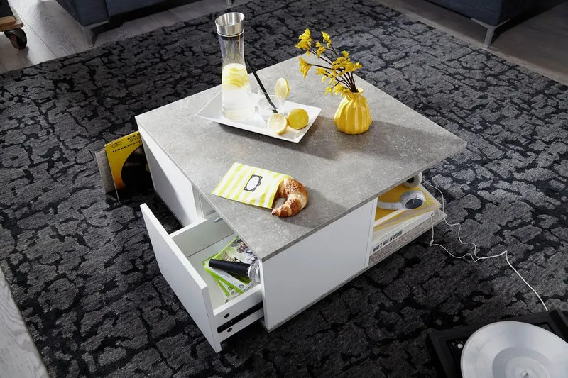 Couchtisch 70x70cm Zementgrau Weiß mit Schubladen Rollen Fächern