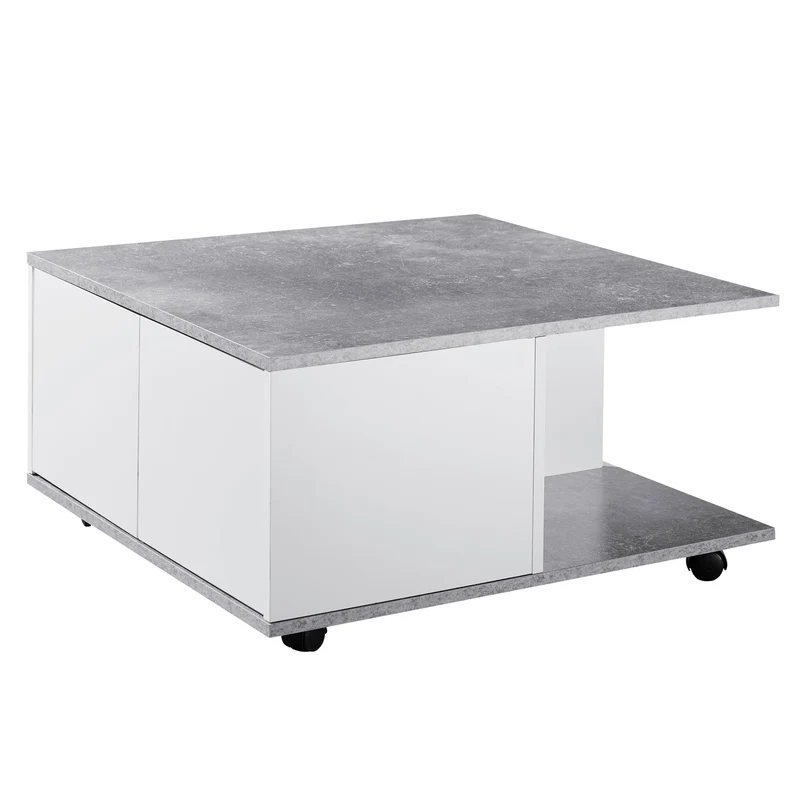 Couchtisch 70x70cm Zementgrau Weiß mit Schubladen Rollen Fächern