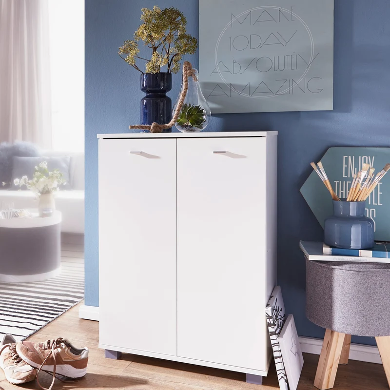 Schuhschrank NIMES modern Holz Weiß 12 Paar 4 Fächer 2 Türen