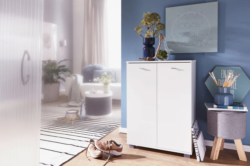 Schuhschrank NIMES modern Holz Weiß 12 Paar 4 Fächer 2 Türen