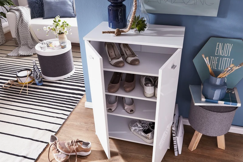 Schuhschrank NIMES modern Holz Weiß 12 Paar 4 Fächer 2 Türen
