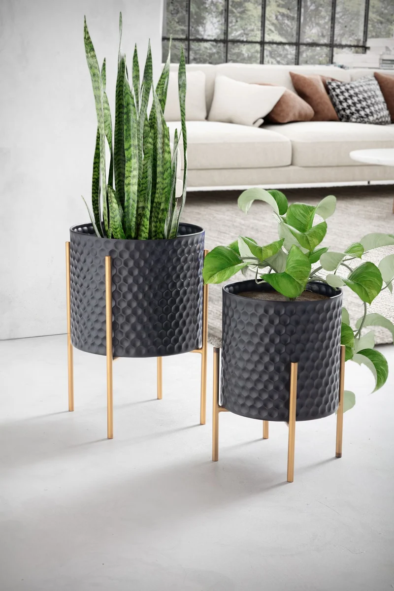 Blumentopf 2er Set Metall Schwarz/Gold mit Füßen Wabenmuster Indoor
